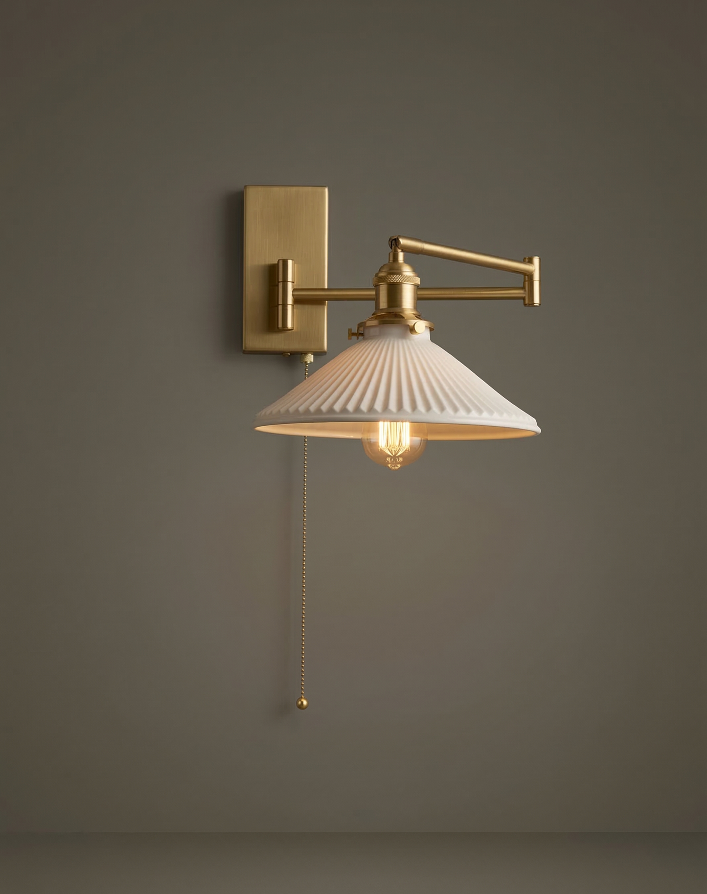 Aria Articulated Brass & Pleated Ceramic Sconce with Pull Chain
