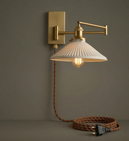 Aria Articulated Brass & Pleated Ceramic Sconce with Pull Chain