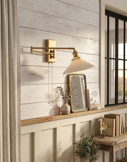 Aria Articulated Brass & Pleated Ceramic Sconce with Pull Chain