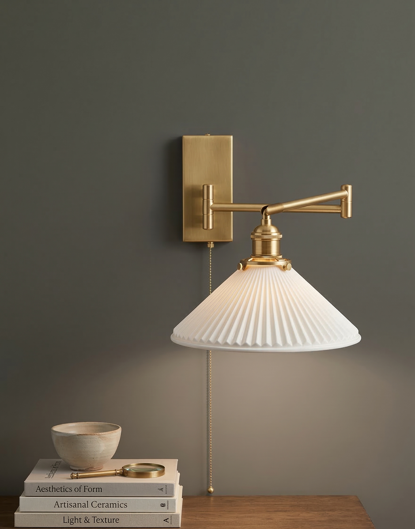 Aria Articulated Brass & Pleated Ceramic Sconce with Pull Chain