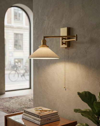 Aria Articulated Brass & Pleated Ceramic Sconce with Pull Chain