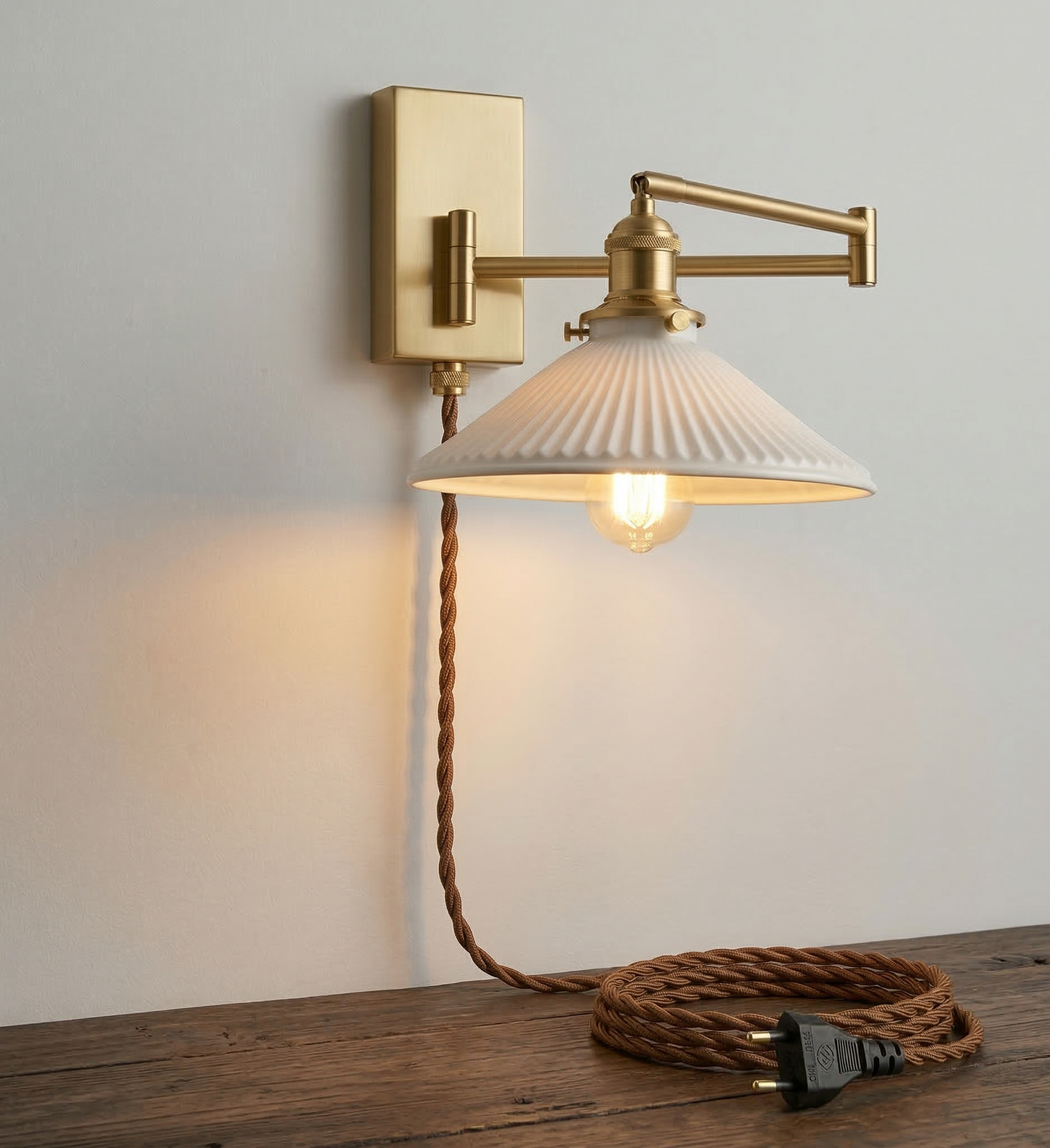 Aria Articulated Brass & Pleated Ceramic Sconce with Pull Chain